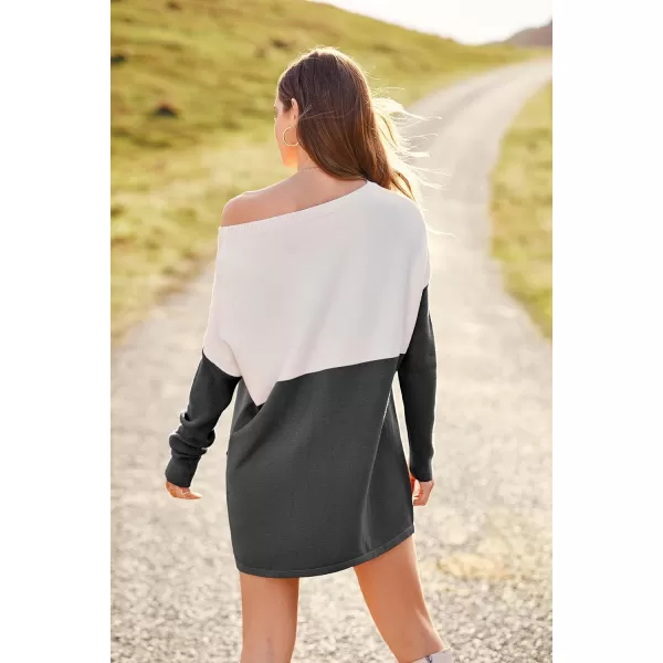 imagePRETTYGARDEN Womens Causal Loose Sweater Color Block Knit Pullover Off Shoulder Comfy Jumper TopsDark Grey
