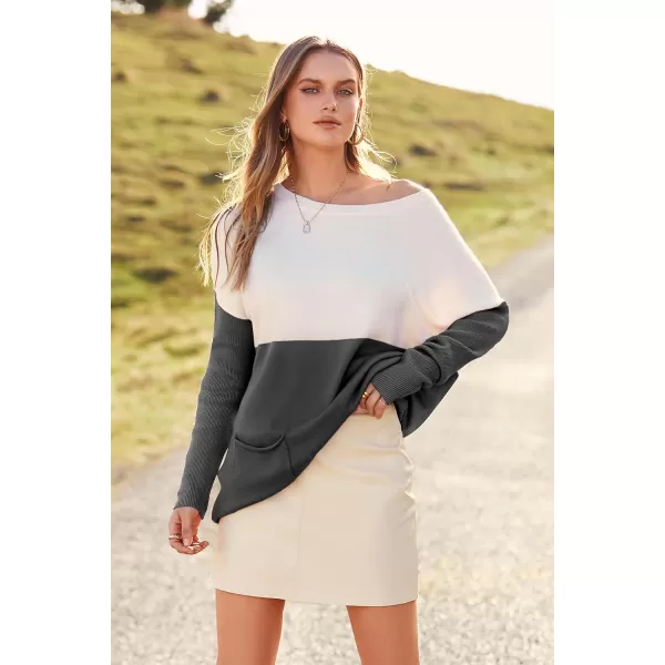imagePRETTYGARDEN Womens Causal Loose Sweater Color Block Knit Pullover Off Shoulder Comfy Jumper TopsDark Grey
