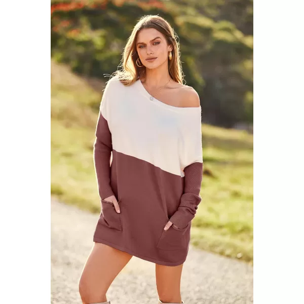 imagePRETTYGARDEN Womens Causal Loose Sweater Color Block Knit Pullover Off Shoulder Comfy Jumper TopsDusty Pink
