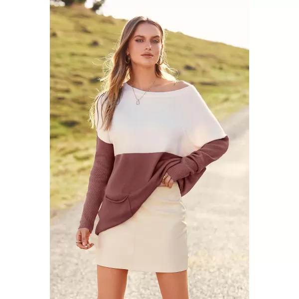 imagePRETTYGARDEN Womens Causal Loose Sweater Color Block Knit Pullover Off Shoulder Comfy Jumper TopsDusty Pink