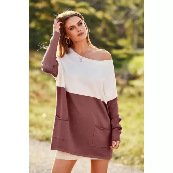 imagePRETTYGARDEN Womens Causal Loose Sweater Color Block Knit Pullover Off Shoulder Comfy Jumper TopsDusty Pink