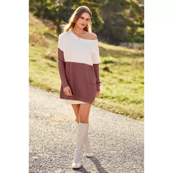 imagePRETTYGARDEN Womens Causal Loose Sweater Color Block Knit Pullover Off Shoulder Comfy Jumper TopsDusty Pink