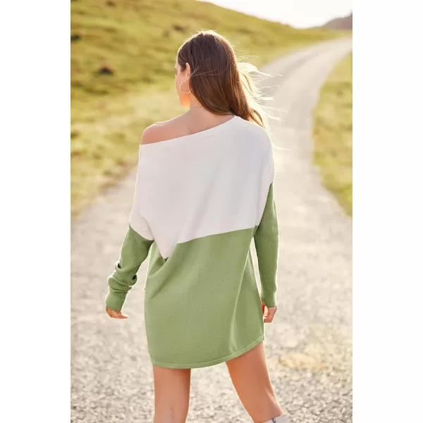 imagePRETTYGARDEN Womens Causal Loose Sweater Color Block Knit Pullover Off Shoulder Comfy Jumper TopsGreen