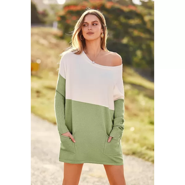 imagePRETTYGARDEN Womens Causal Loose Sweater Color Block Knit Pullover Off Shoulder Comfy Jumper TopsGreen
