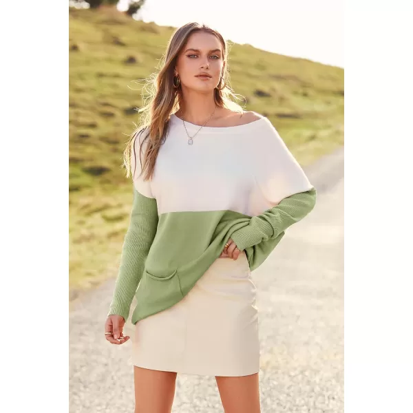 imagePRETTYGARDEN Womens Causal Loose Sweater Color Block Knit Pullover Off Shoulder Comfy Jumper TopsGreen