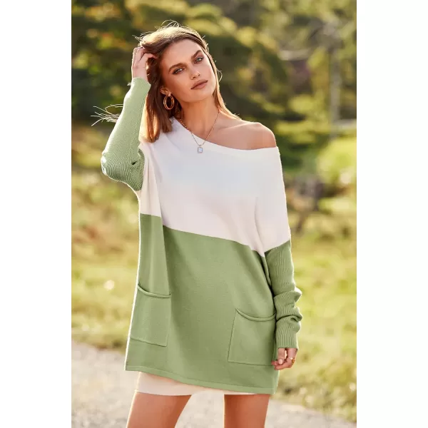 imagePRETTYGARDEN Womens Causal Loose Sweater Color Block Knit Pullover Off Shoulder Comfy Jumper TopsGreen