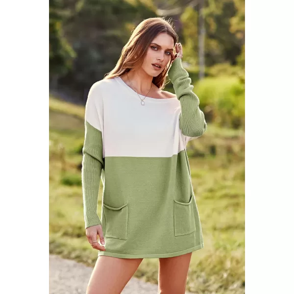 imagePRETTYGARDEN Womens Causal Loose Sweater Color Block Knit Pullover Off Shoulder Comfy Jumper TopsGreen