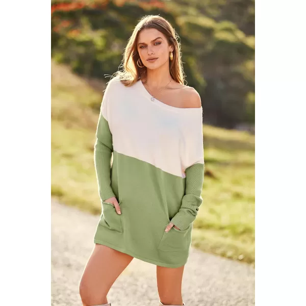 imagePRETTYGARDEN Womens Causal Loose Sweater Color Block Knit Pullover Off Shoulder Comfy Jumper TopsGreen