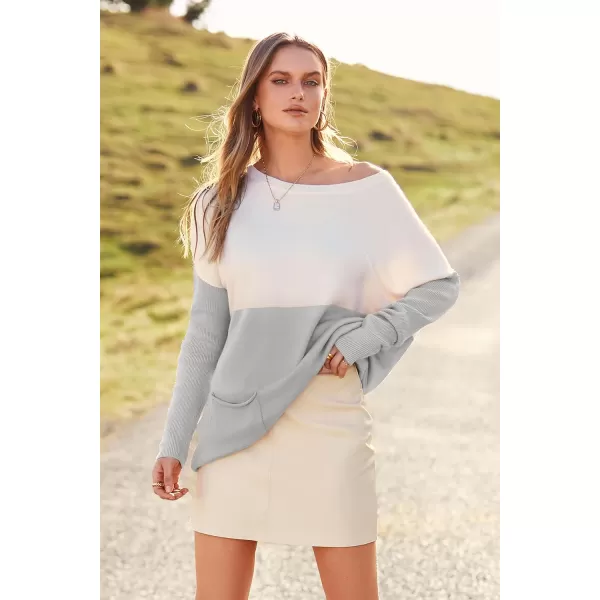 imagePRETTYGARDEN Womens Causal Loose Sweater Color Block Knit Pullover Off Shoulder Comfy Jumper TopsGrey
