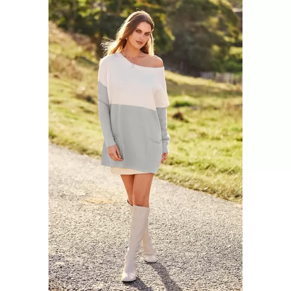 imagePRETTYGARDEN Womens Causal Loose Sweater Color Block Knit Pullover Off Shoulder Comfy Jumper TopsGrey