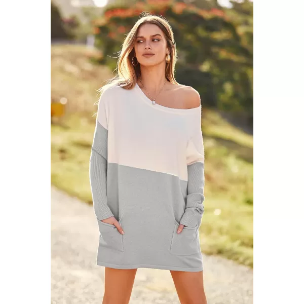 imagePRETTYGARDEN Womens Causal Loose Sweater Color Block Knit Pullover Off Shoulder Comfy Jumper TopsGrey