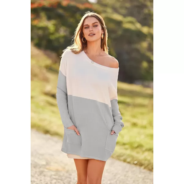 imagePRETTYGARDEN Womens Causal Loose Sweater Color Block Knit Pullover Off Shoulder Comfy Jumper TopsGrey