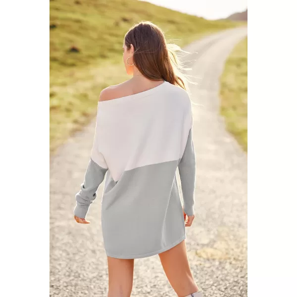 imagePRETTYGARDEN Womens Causal Loose Sweater Color Block Knit Pullover Off Shoulder Comfy Jumper TopsGrey