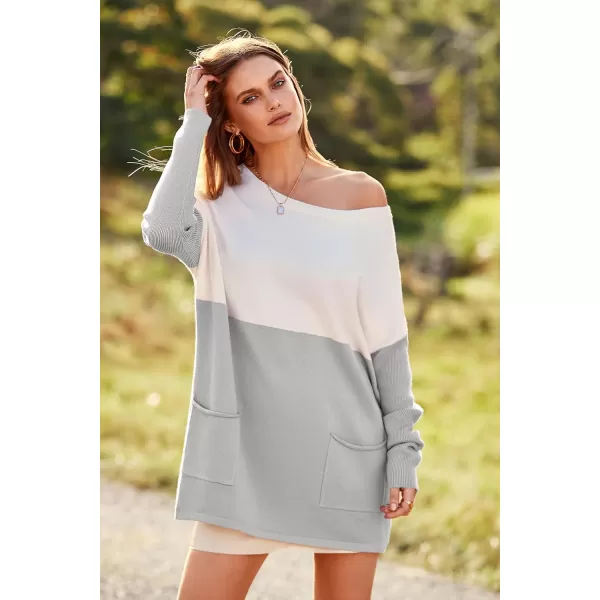imagePRETTYGARDEN Womens Causal Loose Sweater Color Block Knit Pullover Off Shoulder Comfy Jumper TopsGrey