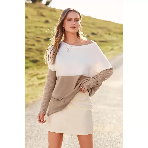imagePRETTYGARDEN Womens Causal Loose Sweater Color Block Knit Pullover Off Shoulder Comfy Jumper TopsKhaki