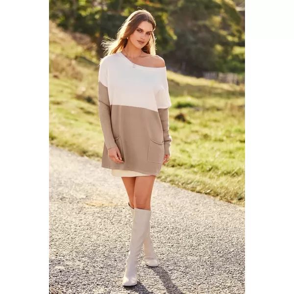 imagePRETTYGARDEN Womens Causal Loose Sweater Color Block Knit Pullover Off Shoulder Comfy Jumper TopsKhaki