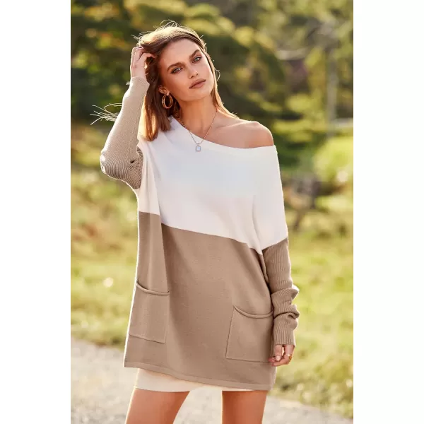 imagePRETTYGARDEN Womens Causal Loose Sweater Color Block Knit Pullover Off Shoulder Comfy Jumper TopsKhaki