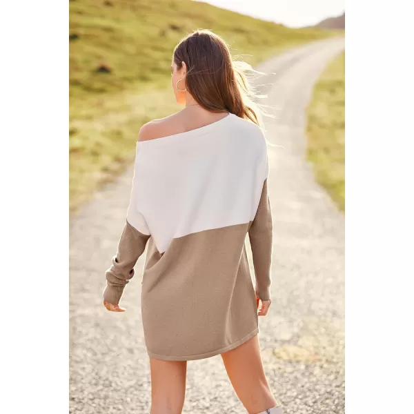 imagePRETTYGARDEN Womens Causal Loose Sweater Color Block Knit Pullover Off Shoulder Comfy Jumper TopsKhaki