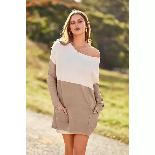 imagePRETTYGARDEN Womens Causal Loose Sweater Color Block Knit Pullover Off Shoulder Comfy Jumper TopsKhaki