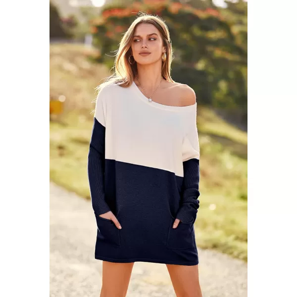 imagePRETTYGARDEN Womens Causal Loose Sweater Color Block Knit Pullover Off Shoulder Comfy Jumper TopsNavy