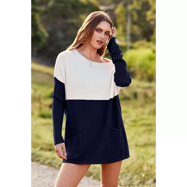imagePRETTYGARDEN Womens Causal Loose Sweater Color Block Knit Pullover Off Shoulder Comfy Jumper TopsNavy