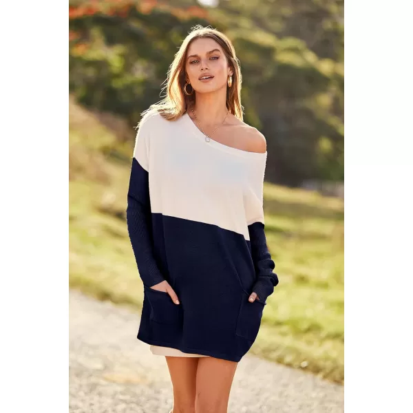 imagePRETTYGARDEN Womens Causal Loose Sweater Color Block Knit Pullover Off Shoulder Comfy Jumper TopsNavy