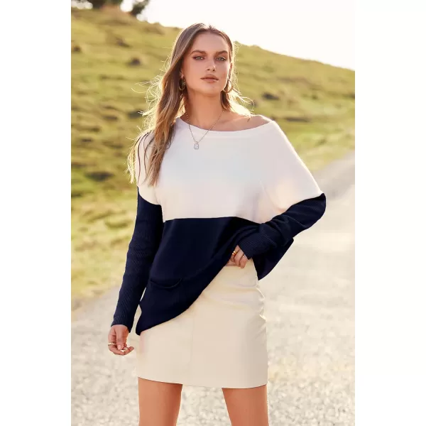 imagePRETTYGARDEN Womens Causal Loose Sweater Color Block Knit Pullover Off Shoulder Comfy Jumper TopsNavy