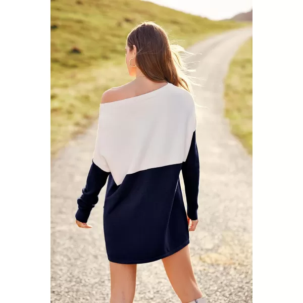 imagePRETTYGARDEN Womens Causal Loose Sweater Color Block Knit Pullover Off Shoulder Comfy Jumper TopsNavy