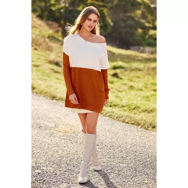 imagePRETTYGARDEN Womens Causal Loose Sweater Color Block Knit Pullover Off Shoulder Comfy Jumper TopsOrange
