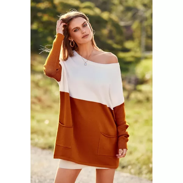 imagePRETTYGARDEN Womens Causal Loose Sweater Color Block Knit Pullover Off Shoulder Comfy Jumper TopsOrange
