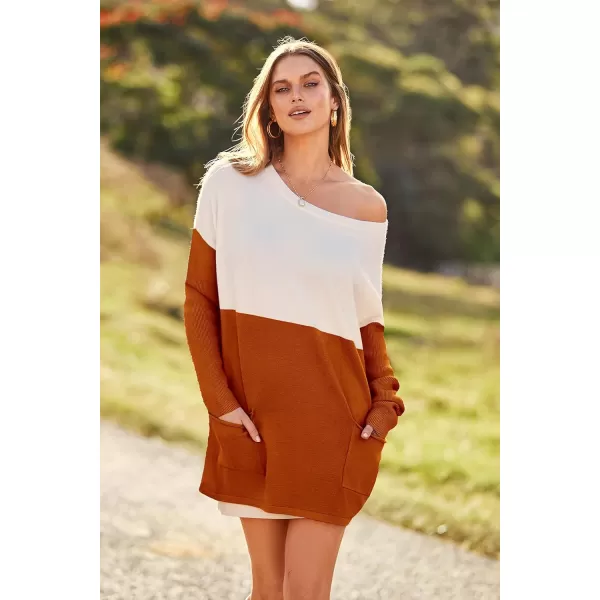 imagePRETTYGARDEN Womens Causal Loose Sweater Color Block Knit Pullover Off Shoulder Comfy Jumper TopsOrange