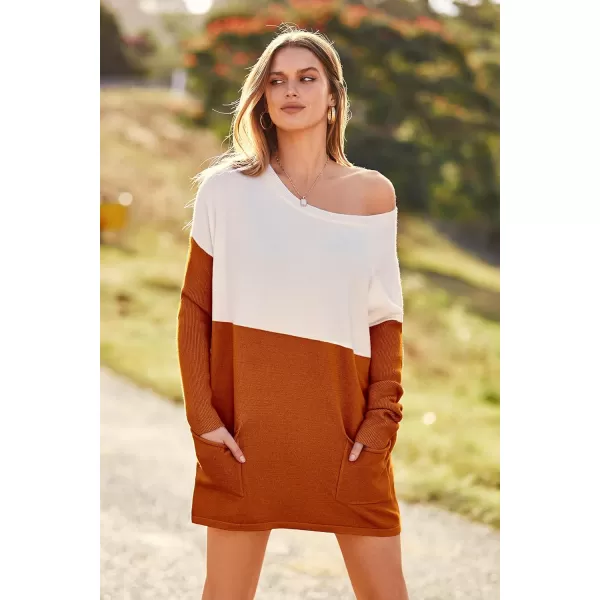 imagePRETTYGARDEN Womens Causal Loose Sweater Color Block Knit Pullover Off Shoulder Comfy Jumper TopsOrange