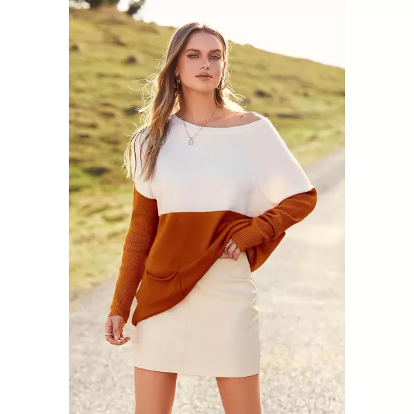 imagePRETTYGARDEN Womens Causal Loose Sweater Color Block Knit Pullover Off Shoulder Comfy Jumper TopsOrange