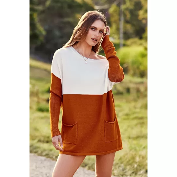 imagePRETTYGARDEN Womens Causal Loose Sweater Color Block Knit Pullover Off Shoulder Comfy Jumper TopsOrange
