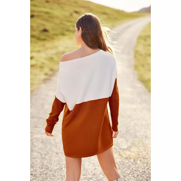imagePRETTYGARDEN Womens Causal Loose Sweater Color Block Knit Pullover Off Shoulder Comfy Jumper TopsOrange