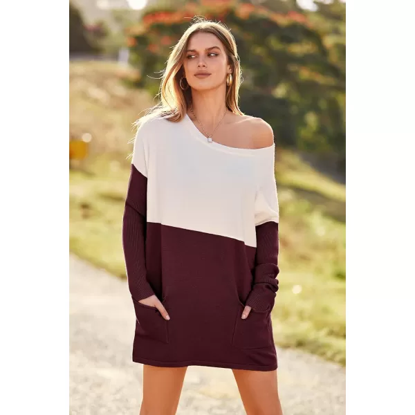 imagePRETTYGARDEN Womens Causal Loose Sweater Color Block Knit Pullover Off Shoulder Comfy Jumper TopsRed