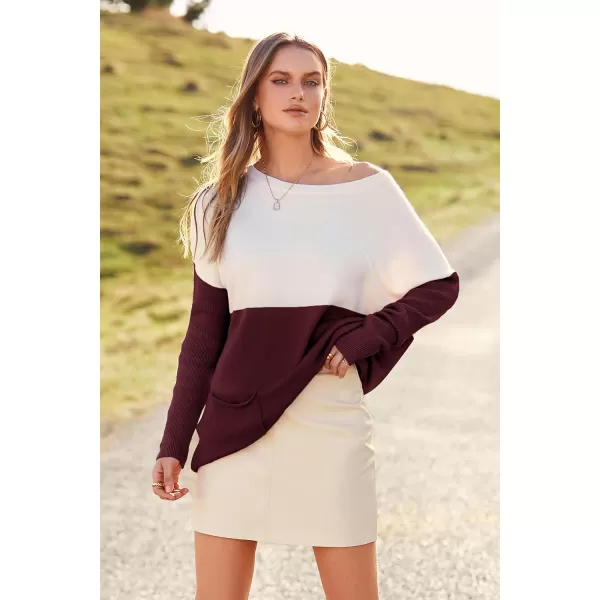imagePRETTYGARDEN Womens Causal Loose Sweater Color Block Knit Pullover Off Shoulder Comfy Jumper TopsRed