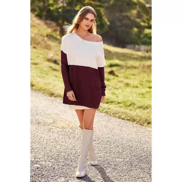 imagePRETTYGARDEN Womens Causal Loose Sweater Color Block Knit Pullover Off Shoulder Comfy Jumper TopsRed