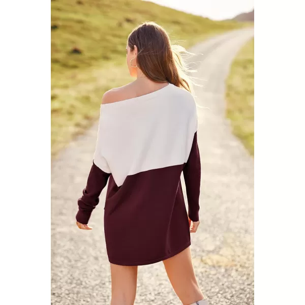imagePRETTYGARDEN Womens Causal Loose Sweater Color Block Knit Pullover Off Shoulder Comfy Jumper TopsRed