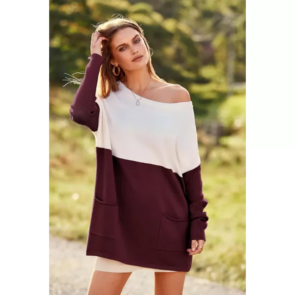 imagePRETTYGARDEN Womens Causal Loose Sweater Color Block Knit Pullover Off Shoulder Comfy Jumper TopsRed