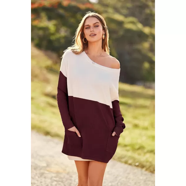 imagePRETTYGARDEN Womens Causal Loose Sweater Color Block Knit Pullover Off Shoulder Comfy Jumper TopsRed