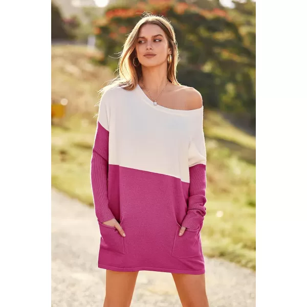 imagePRETTYGARDEN Womens Causal Loose Sweater Color Block Knit Pullover Off Shoulder Comfy Jumper TopsRose Red