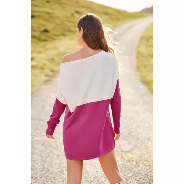 imagePRETTYGARDEN Womens Causal Loose Sweater Color Block Knit Pullover Off Shoulder Comfy Jumper TopsRose Red