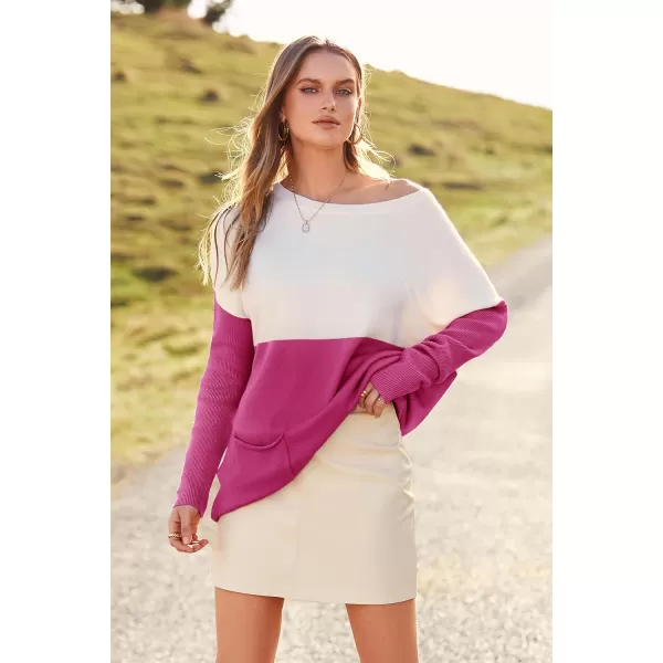 imagePRETTYGARDEN Womens Causal Loose Sweater Color Block Knit Pullover Off Shoulder Comfy Jumper TopsRose Red