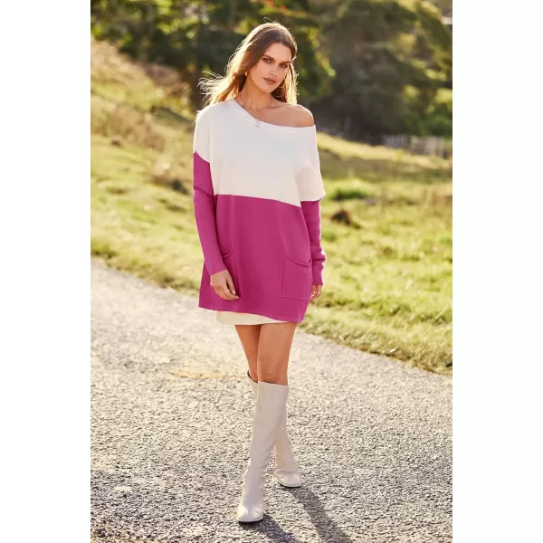 imagePRETTYGARDEN Womens Causal Loose Sweater Color Block Knit Pullover Off Shoulder Comfy Jumper TopsRose Red