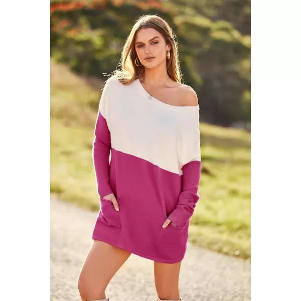 imagePRETTYGARDEN Womens Causal Loose Sweater Color Block Knit Pullover Off Shoulder Comfy Jumper TopsRose Red