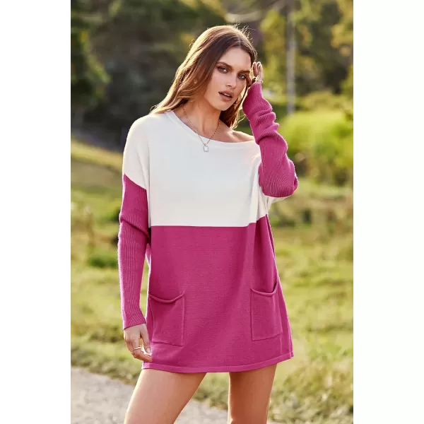 imagePRETTYGARDEN Womens Causal Loose Sweater Color Block Knit Pullover Off Shoulder Comfy Jumper TopsRose Red