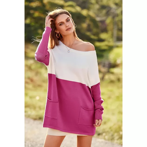 imagePRETTYGARDEN Womens Causal Loose Sweater Color Block Knit Pullover Off Shoulder Comfy Jumper TopsRose Red