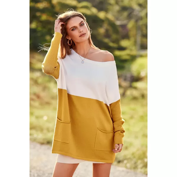 imagePRETTYGARDEN Womens Causal Loose Sweater Color Block Knit Pullover Off Shoulder Comfy Jumper TopsYellow