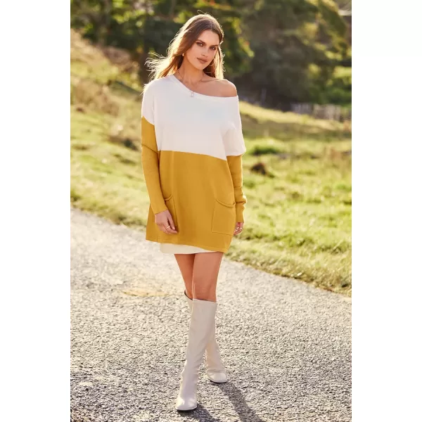 imagePRETTYGARDEN Womens Causal Loose Sweater Color Block Knit Pullover Off Shoulder Comfy Jumper TopsYellow